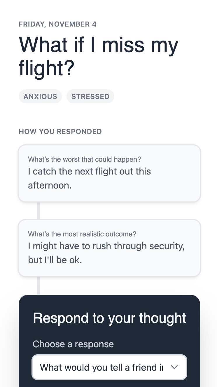 Screenshot showing how to respond to anxious thoughts